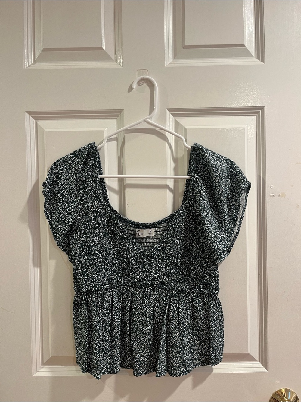 Hollister Dark Green Floral Smocked Peplum Top